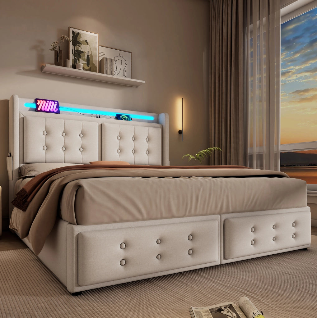 Letto imbottito 140x200 cm beige con materasso, LED e USB-C