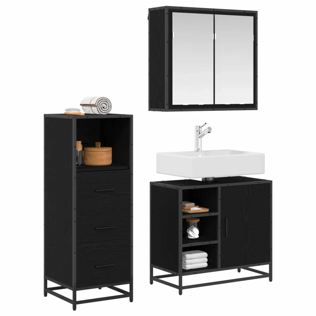 Set di mobili per il bagno 3 pcs Rovere Nero Legno multistrato