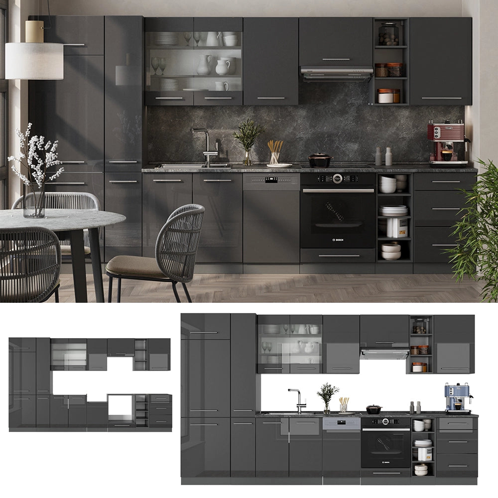 Vicco Cucina componibile Antracite lucido 355 cm senza piano di lavoro