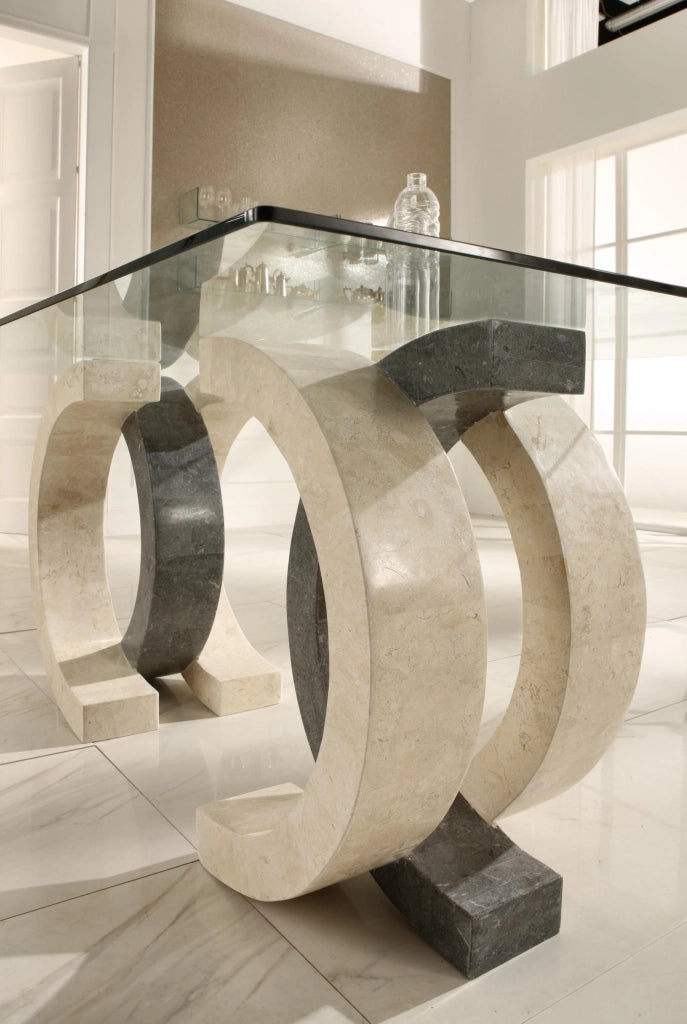 Tavolo Olimpia Fisso con Base in Pietra Fossile White Agata e Gray Stone e Top in Vetro Temperato Trasparente 180x100x76 cm - Olimpia