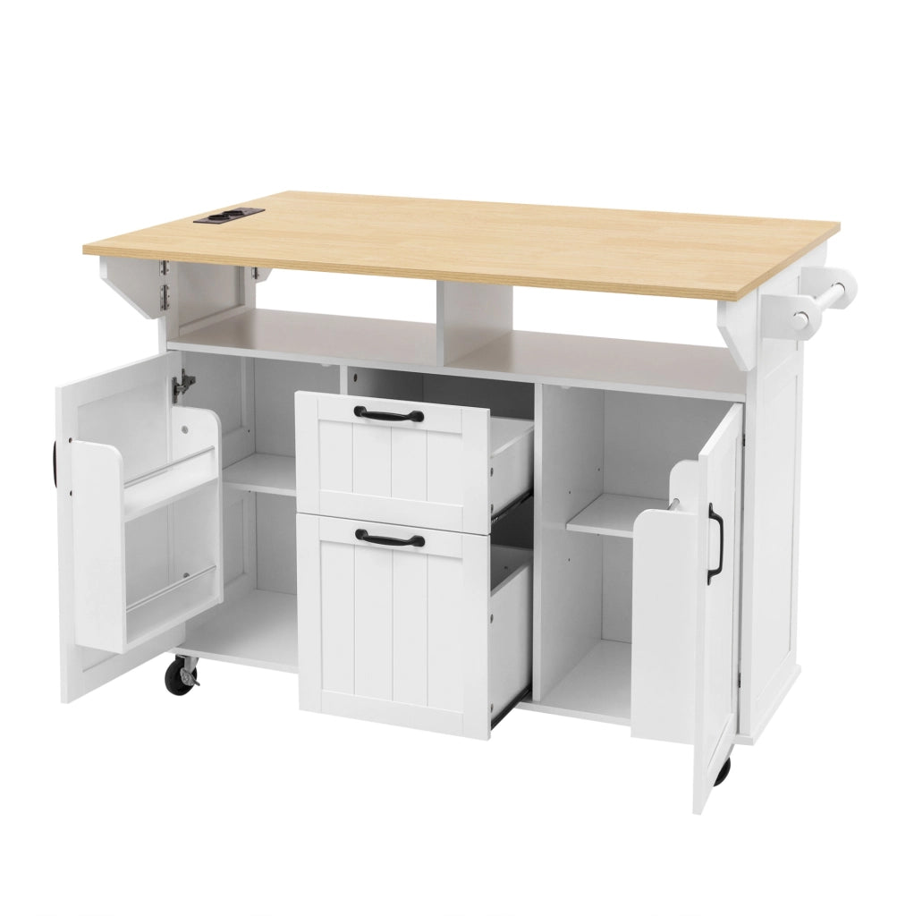 Isola cucina 120x40-60-80x92 cm con piano pieghevole e prese; in MDF; bianco e naturale