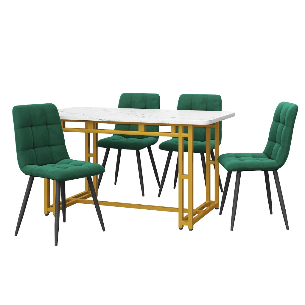 Tavolo da pranzo per 4 persone con 4 sedie in velluto, gambe in metallo dorato, per sala da pranzo, verde scuro, 120 × 70 cm