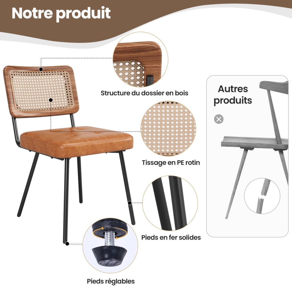Sedia da pranzo in PU con schienale in rattan e gambe in metallo marrone