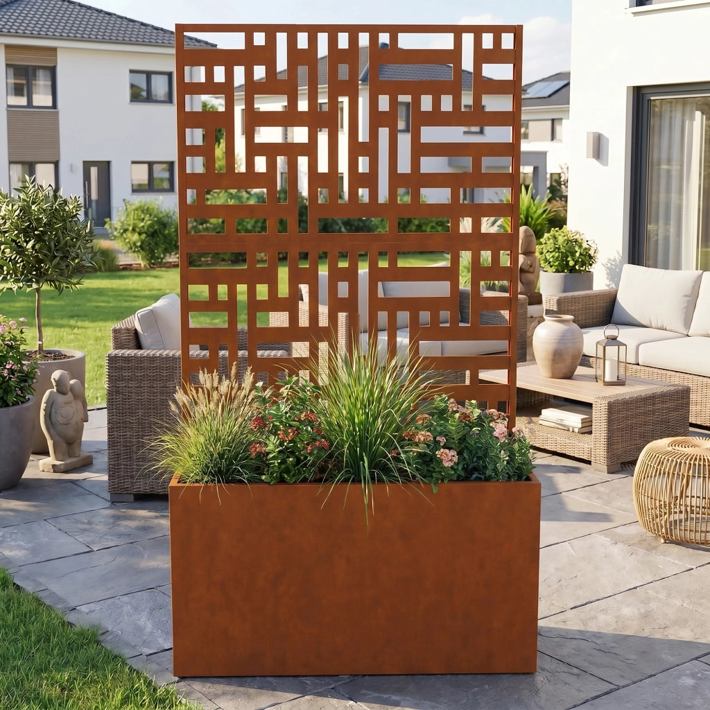 Fioriera con Spalliera Bernalda a 4 Rotelle 146 x 83 x 31 cm Acciaio Corten - Marrone Ossidato casa.pro