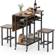 Set Tavolo da Pranzo Pieghevole 3 Pezzi, Tavolo Salvaspazio Estendibile con 2 Sgabelli con Ruote, Portabottiglie da 6 Posti, Ripiani e Maniglia Laterale per Cucina (Caffè,Modello 2)