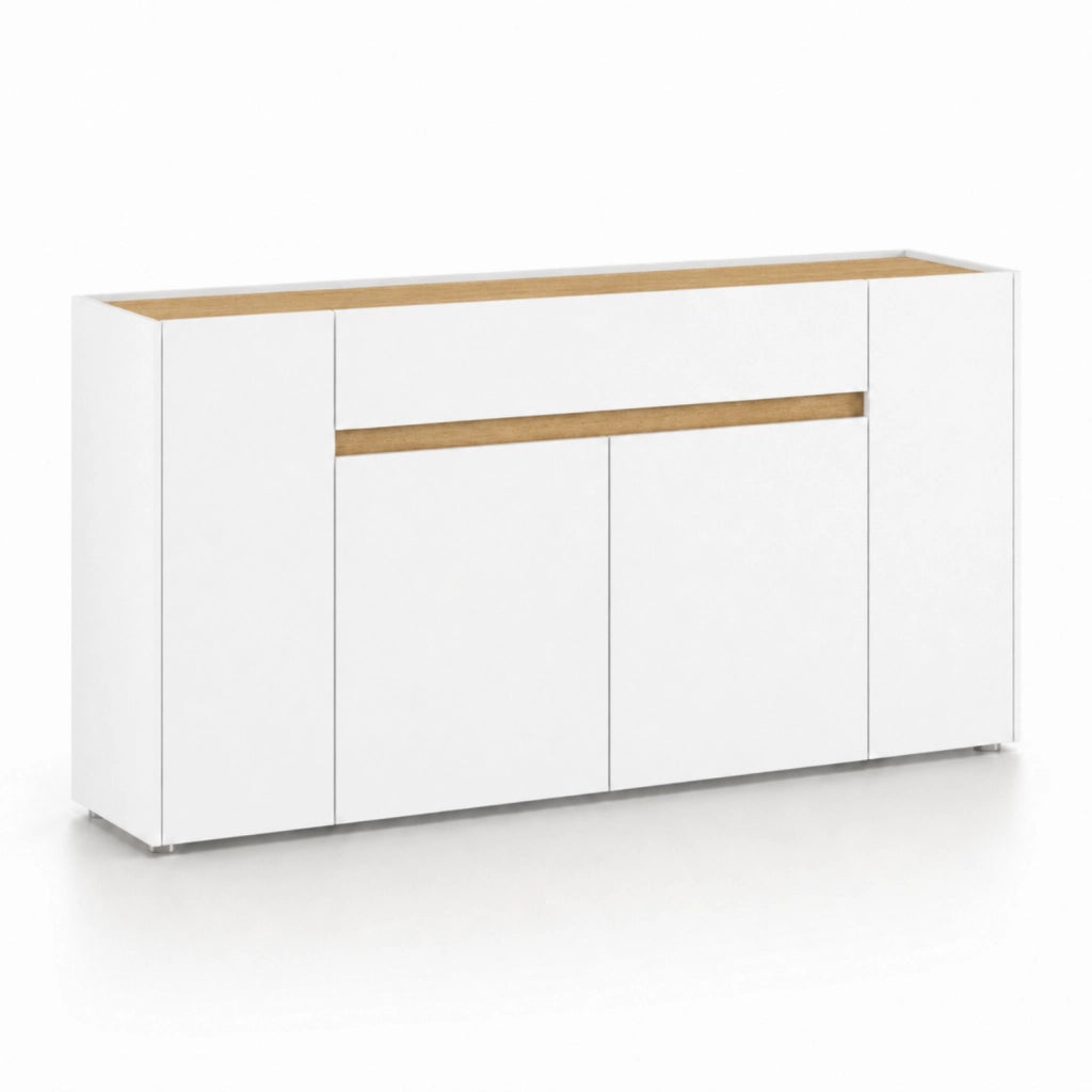 Mobile Contenitore Credenza Moderna In Melaminico Con 4 Ante E 1 Cassetto Design Senza Maniglie Per Soggiorno Sala Da Pranzo 170 X 85 X 40 Cm Bianco E Rovere