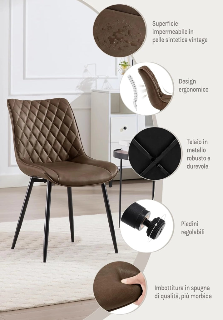 set di 2 sedie cucina moderne sedie imbottite Adatte per Sala da Pranzo, Soggiorno, Camera da Letto Estetica in Ecopelle Marrone Metallo BH210br-2