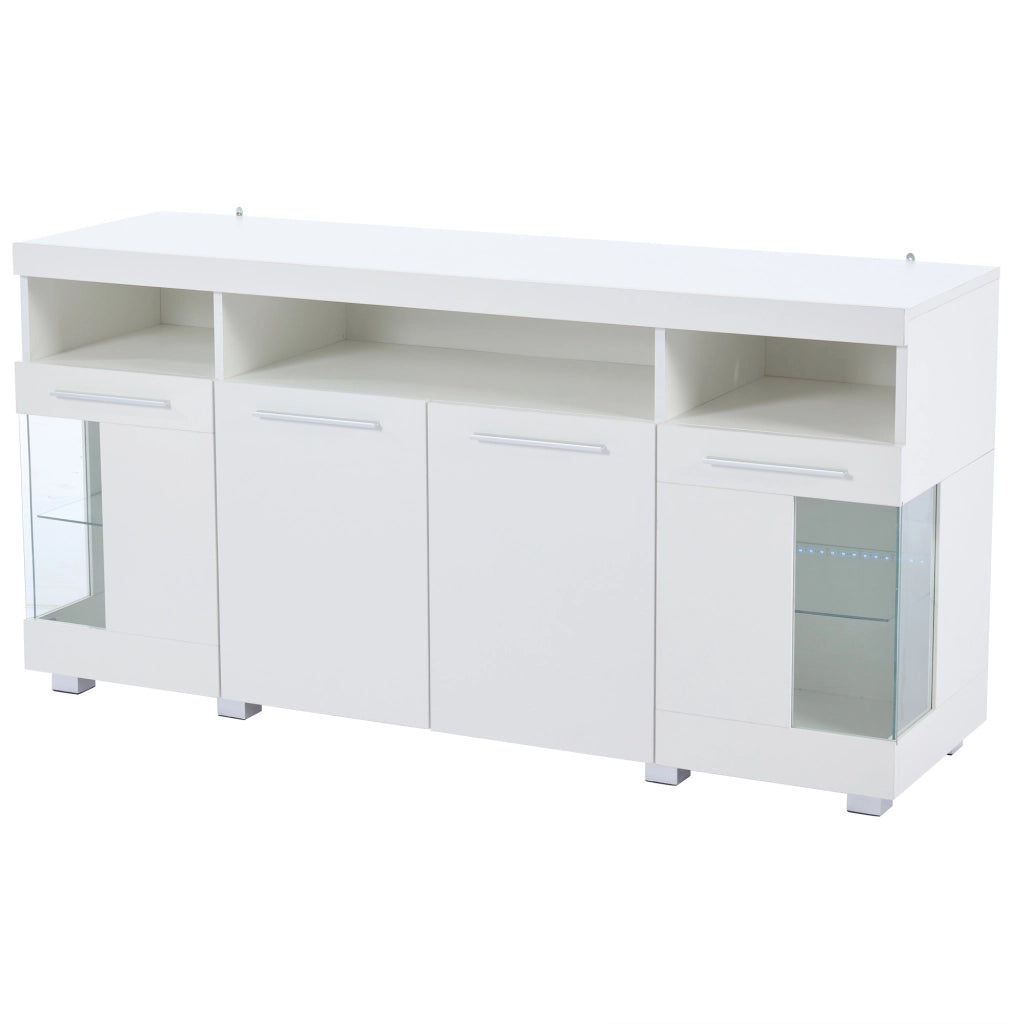 Credenza bianca 140x40x70 cm con LED integrato e ante in vetro temperato