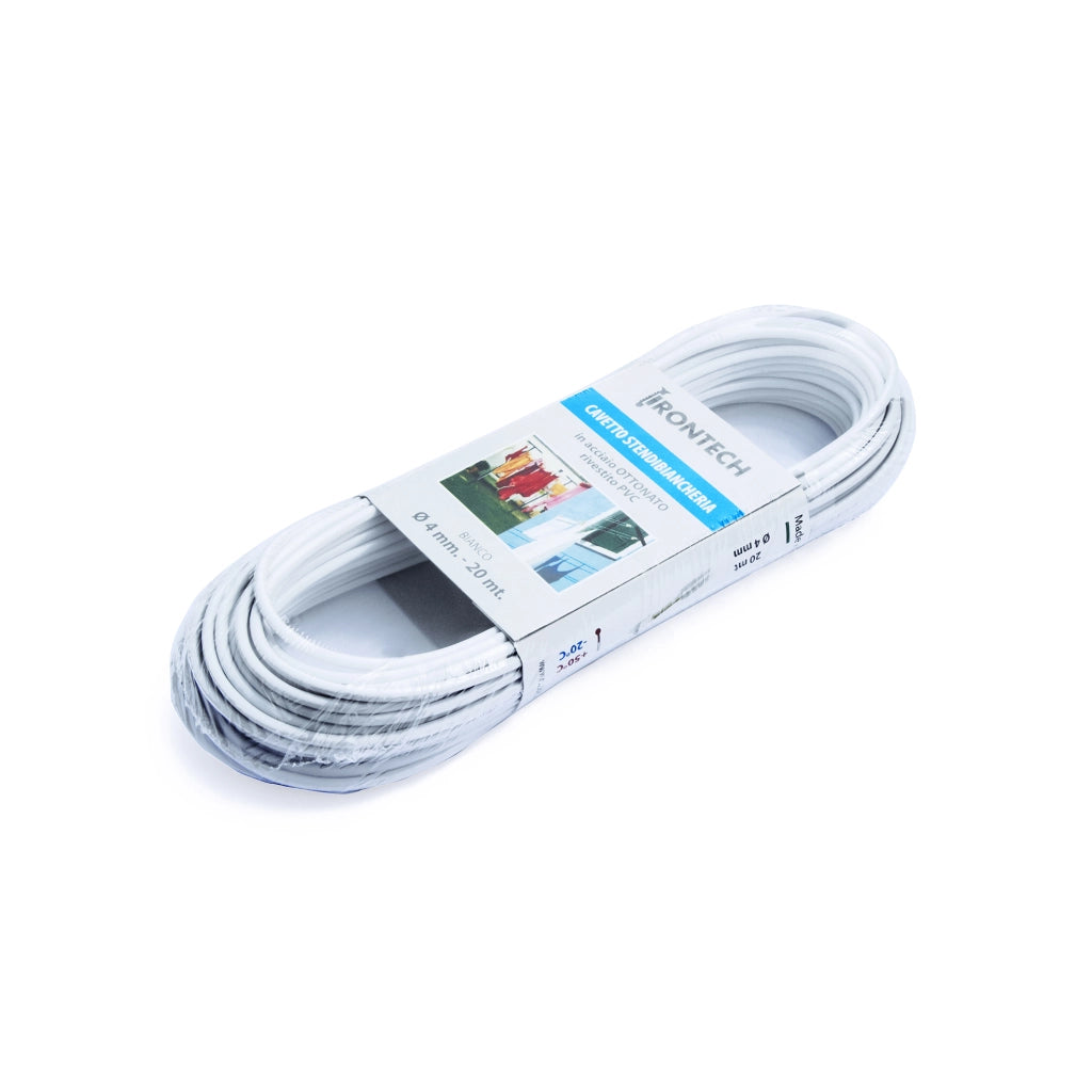 Cavo stendibiancheria Ã˜ 4 mm. in acciaio ottonato rivestito PVC bianco 20 mt.