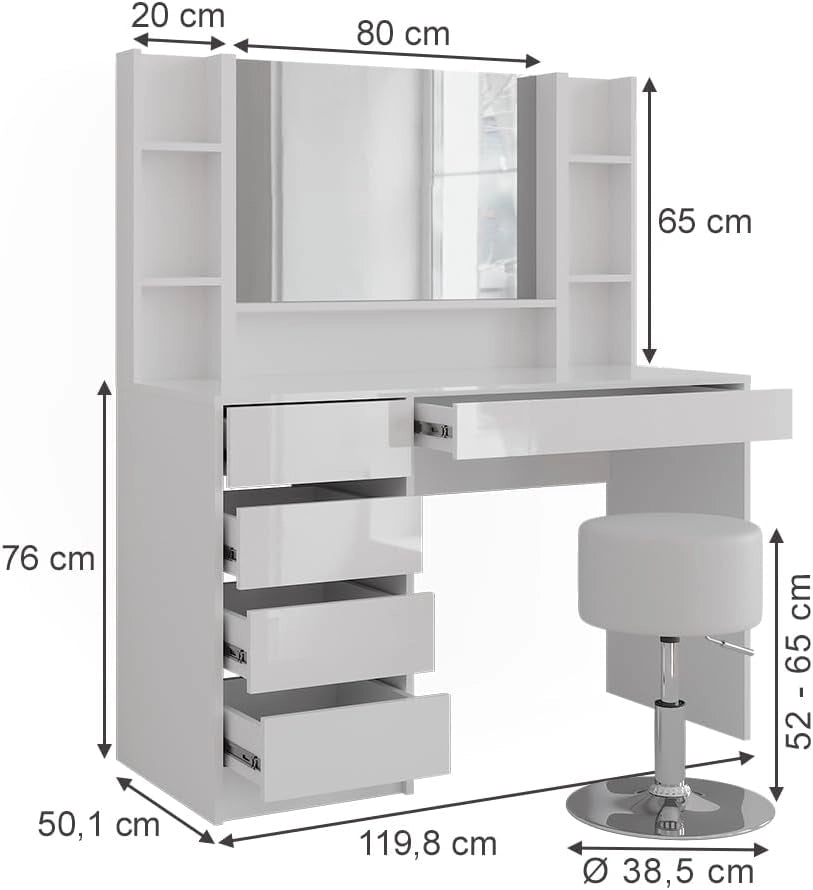 Tavolo da toeletta Sherry, Bianco/bianco lucido, 119.8 cm 5 parti