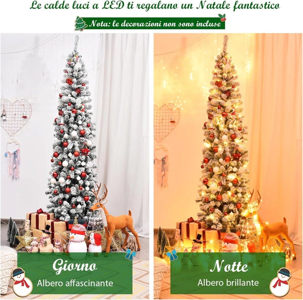 Albero di Natale Slim 135/180/225 cm, Albero di Natale Innevato con 150/250/350 Luci LED, 242/500/641 Rami e Base di Metallo, Decorazione Natalizia per Casa e Negozio (225 CM)