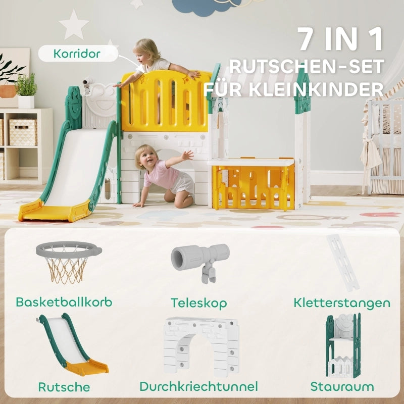 Scivolo per bambini 7 in 1, parco giochi al coperto, struttura per arrampicata, casetta, lavagna, canestro da basket, et¨¤ 1-4 anni, plastica,