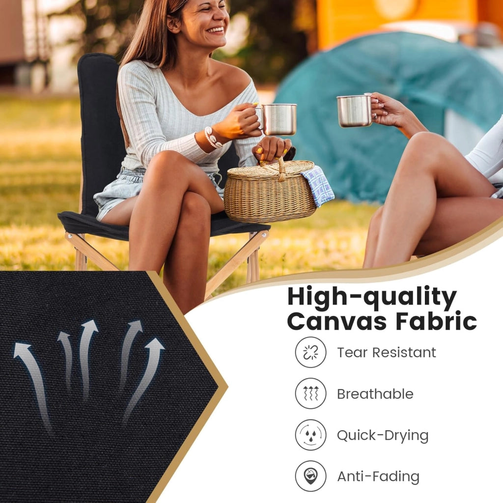 Set di 2 sedie da sdraio, sedia da giardino con tasca laterale, sedia pieghevole in bambù, sedia da campeggio con borsa, sedia da spiaggia fino a 150 kg, per campeggio, pesca (Nero)