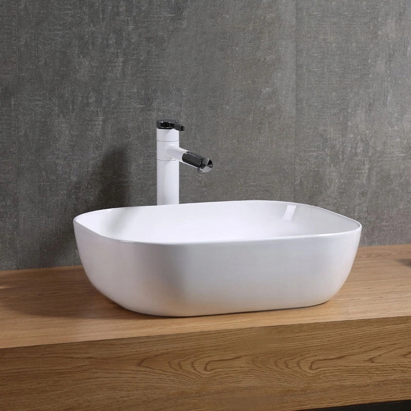 Lavabo da appoggio rettangolare in ceramica da posizionare sul piano di lavoro, bianco, moderno