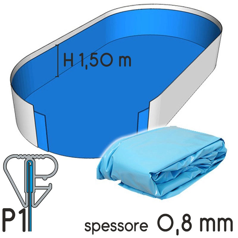 Liner Per Piscina A Forma Ovale 12,00 X 6,00 X H. 1,50 M Sabbia - Attacco P3 - Spessore 0,80 Mm Tipo attacco: P1, Colore: Azzurro
