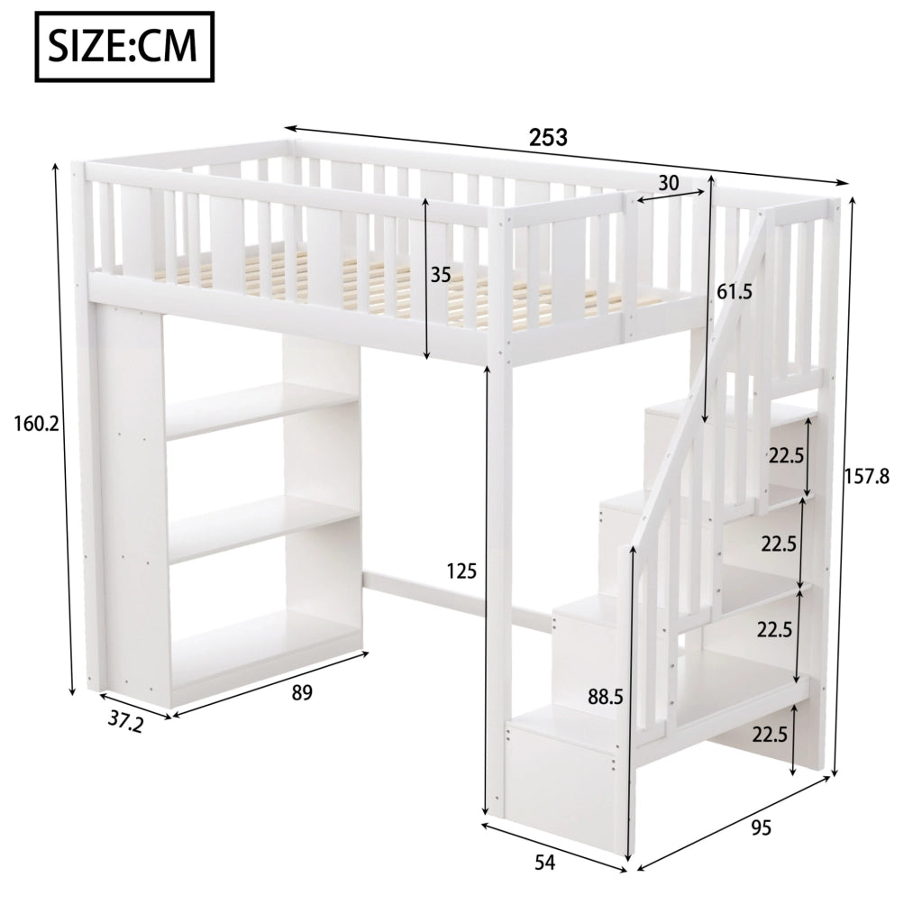 Letto a soppalco 90x200 cm con scala contenitore e 15 doghe in legno bianco