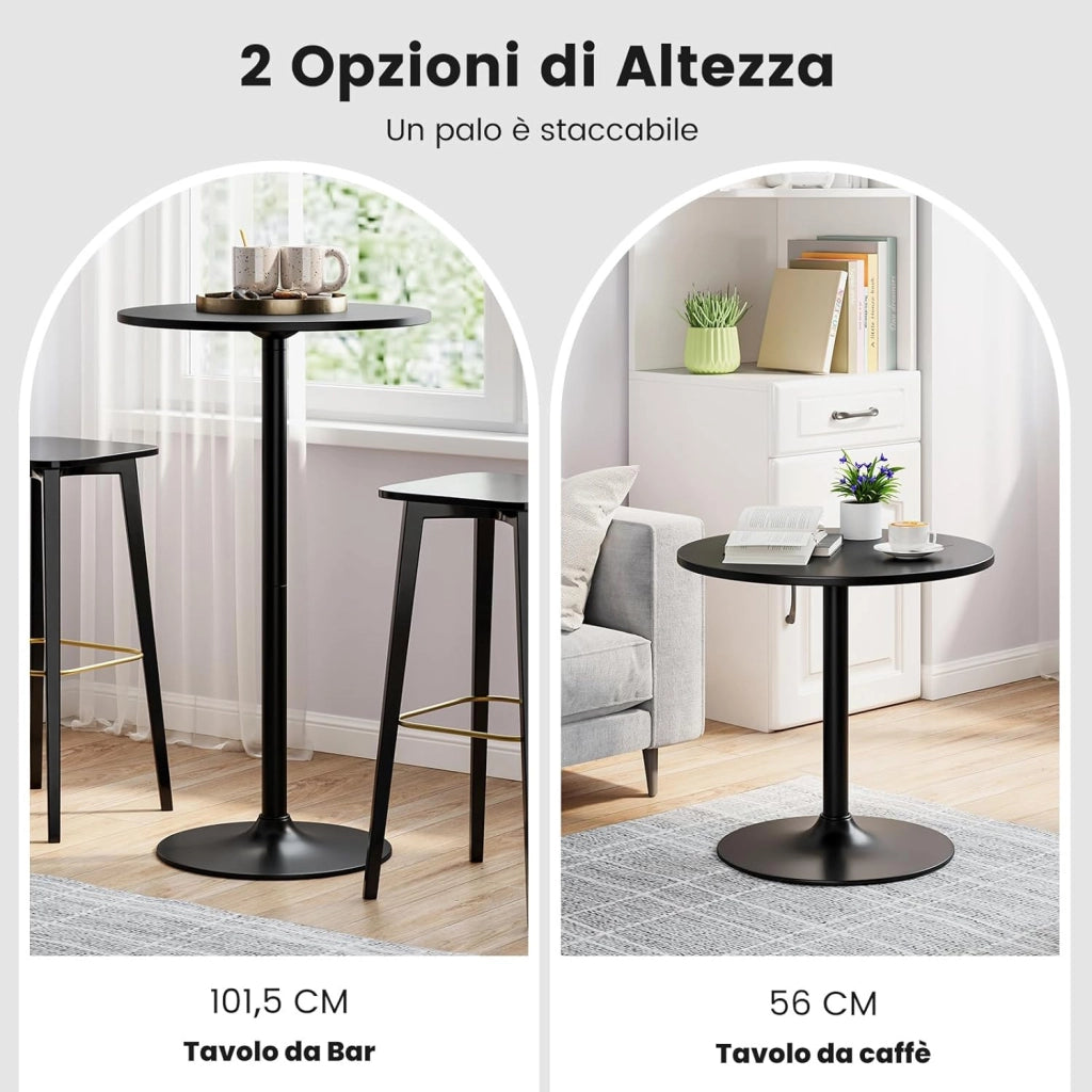 Tavolo da Bar Rotondo Ø60 Regolabile in Altezza (56 cm/ 101,5 cm), Tavolo da Caffè Alto in Legno e Metallo, Tavolino Bistrot Moderno con Base Rotondo per Cucina e Sala Pranzo (Nero,2)