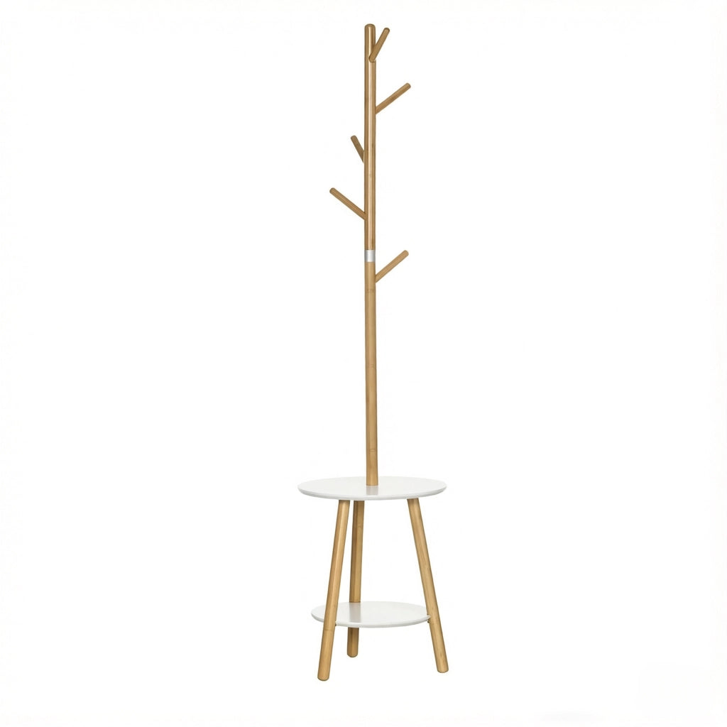 Appendiabiti moderno a terra con ripiano rotondo e ganci verticali, elegante supporto da ingresso, appendiabiti multifunzionale