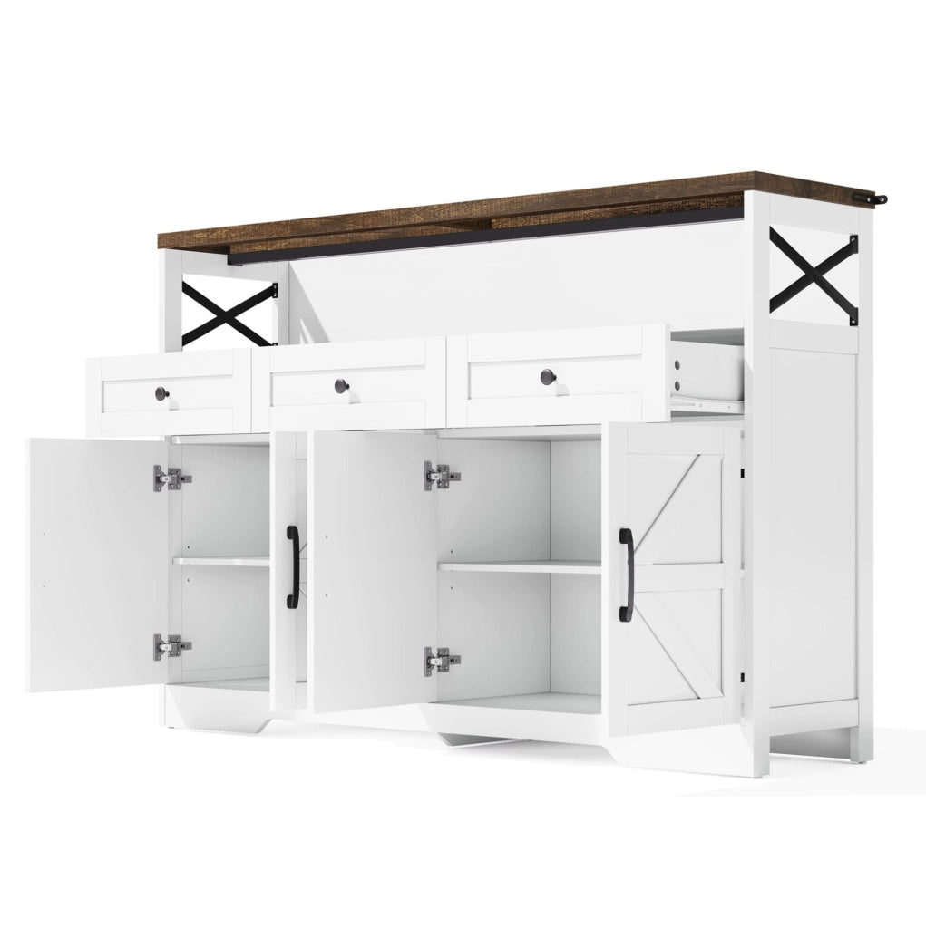 Credenza buffet 140 cm con 3 cassetti e 2 ante; mobile contenitore rustico in MDF; bianco e marrone