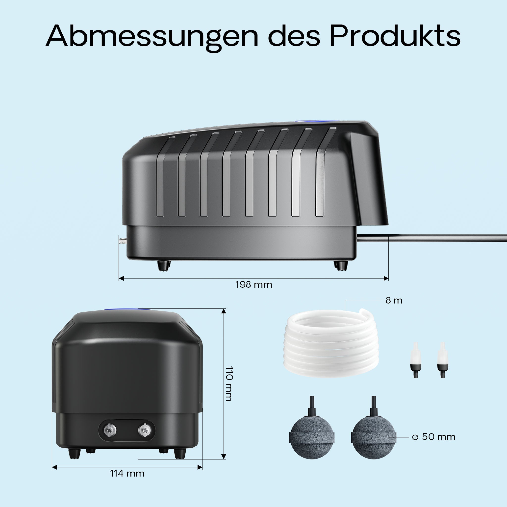 CAP-20 Aeratore acquario 8 W, ossigenatore per laghetti da giardino da 8 m³ e acquari, pompa d'aria 13 l/min con 4 uscite, sistema di aerazione con pietra d'aria e valvola di non ritorno