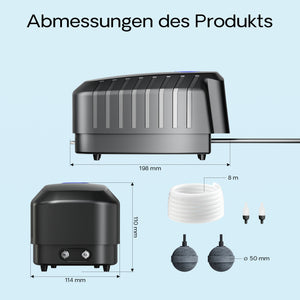 CAP-20 Aeratore acquario 8 W, ossigenatore per laghetti da giardino da 8 m³ e acquari, pompa d'aria 13 l/min con 4 uscite, sistema di aerazione con pietra d'aria e valvola di non ritorno