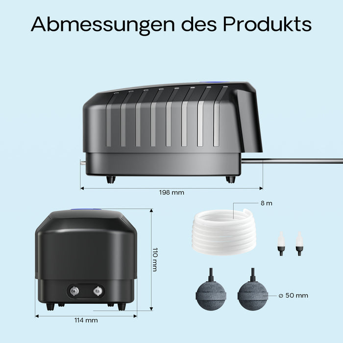 CAP-20 Aeratore acquario 8 W, ossigenatore per laghetti da giardino da 8 m³ e acquari, pompa d'aria 13 l/min con 4 uscite, sistema di aerazione con pietra d'aria e valvola di non ritorno