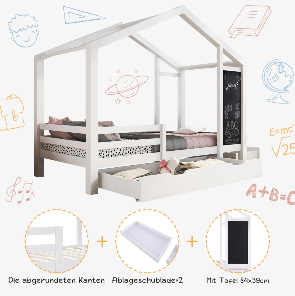 Letto a casetta per bambini 90x200 cm in legno massello bianco con lavagna e 2 cassetti