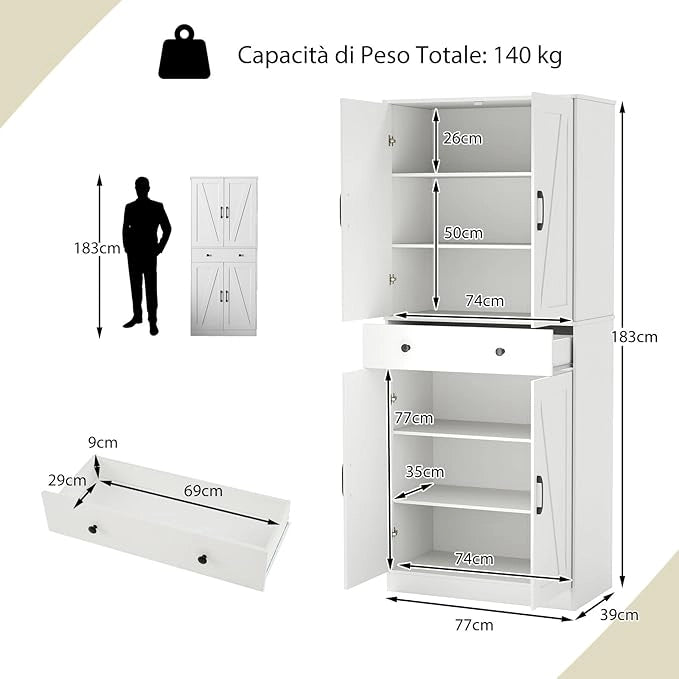 Credenza Alta da Cucina, Mobile Dispensa in Legno con 3 Ripiani Regolabili, 1 Cassette e 4 Ante, Armadio Moderno per Cucina, Soggiorno, Sala da Pranzo, 77 x 39 x 183 cm, Portata 140 kg
