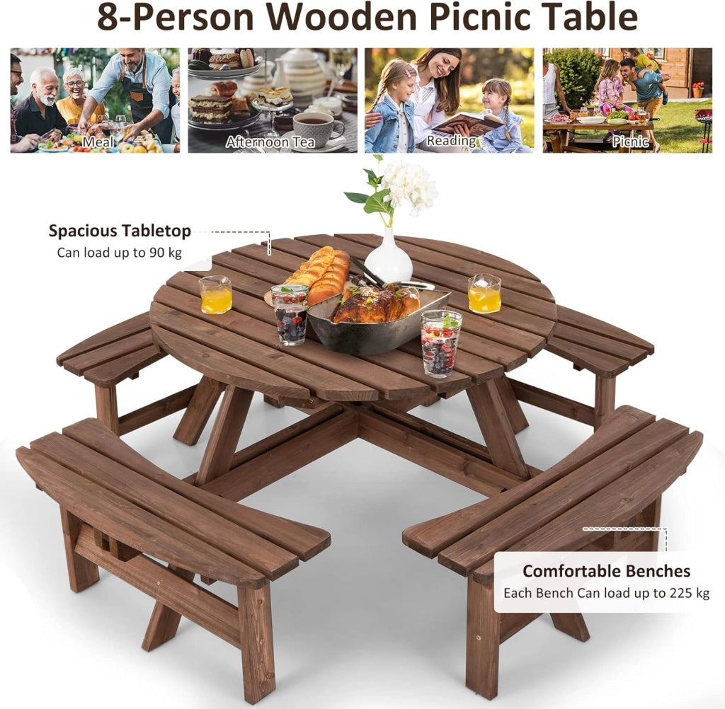 Tavolo da Picnic per 8 Persone con Foro per Ombrellone, Tavolo con Panche in Legno di Abete, Set da Giardino Esterno per Bar, Agriturismo, Sagra, Patio, Balcone, φ179 x 70 cm (Marrone Scuro)