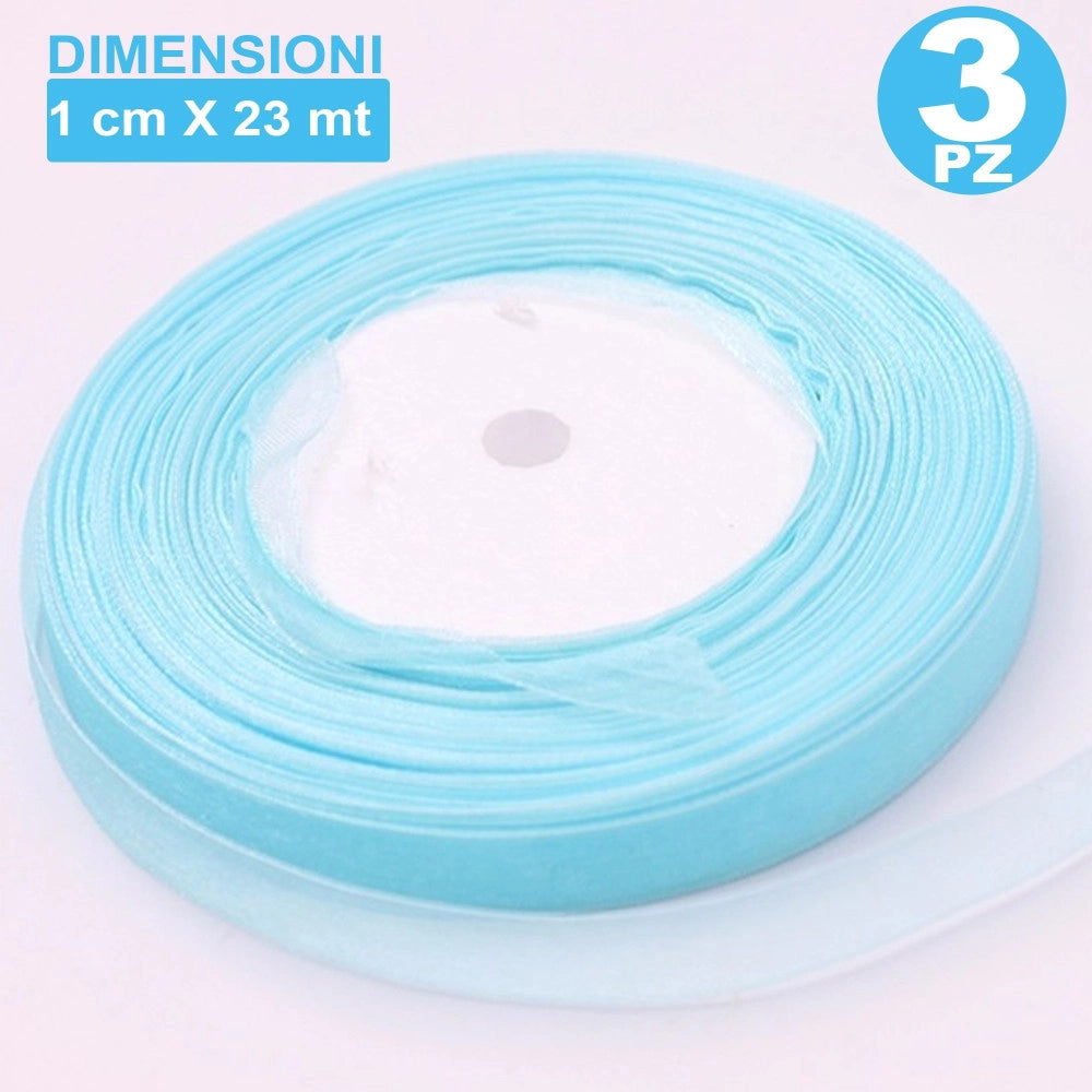 Trade Shop - 3 Rotoli Nastro Celeste Bomboniera Organza Bobina Decorazioni Addobbi Decoupage -