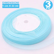 Trade Shop - 3 Rotoli Nastro Celeste Bomboniera Organza Bobina Decorazioni Addobbi Decoupage -