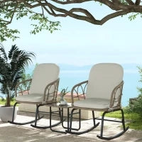 Set di 2 Sedie a Dondolo con Tavolino in Stile Boho, in PE Rattan, Resistente alle Intemperie, Crema
