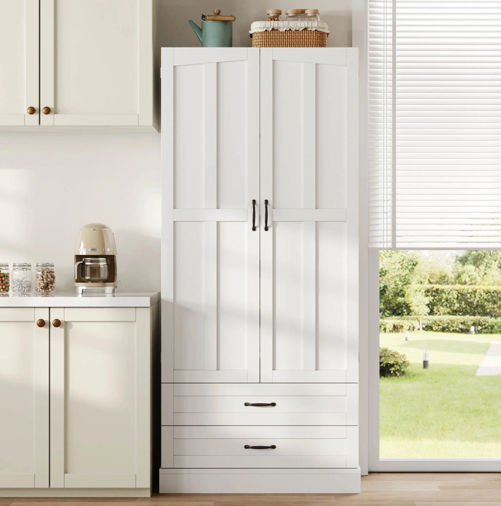 Credenza alta 180x80x37.5 cm con 3 ripiani estraibili e 2 cassetti in MDF bianco