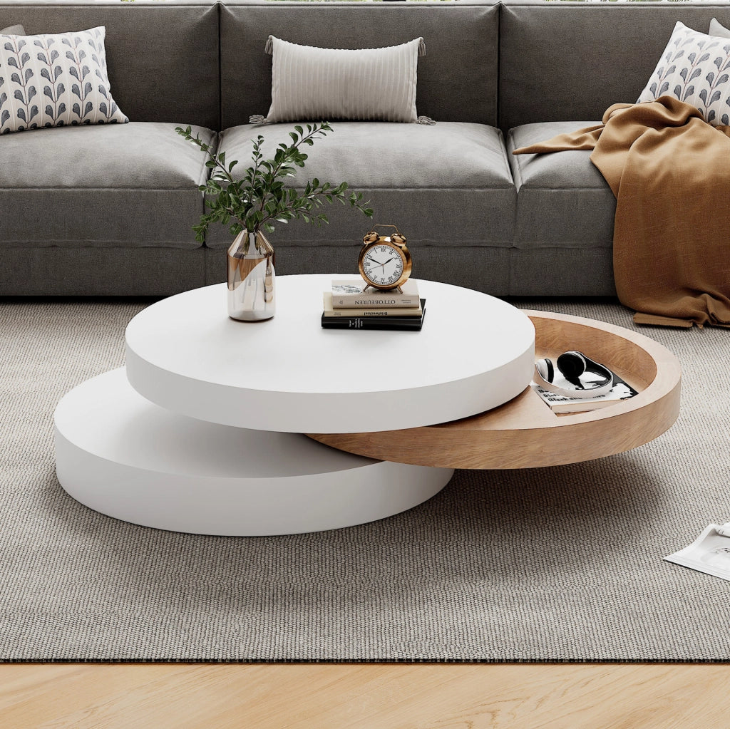 Tavolino da caffè 60 x 60 x 35;1 cm girevole 360° con vano contenitore in MDF bianco e naturale