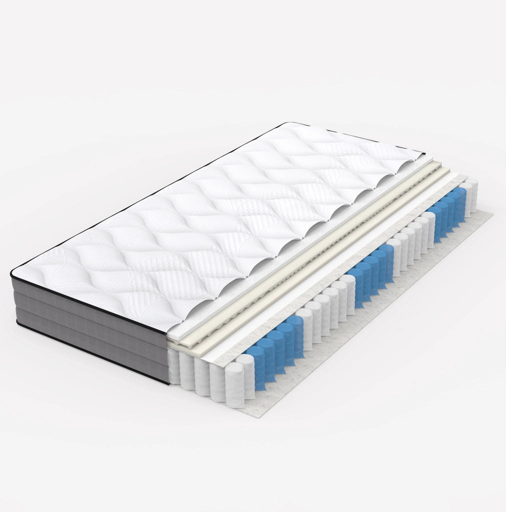 Materasso 90x200 cm bianco e grigio, molle insacchettate 7 zone, rivestimento Lyocell, H3