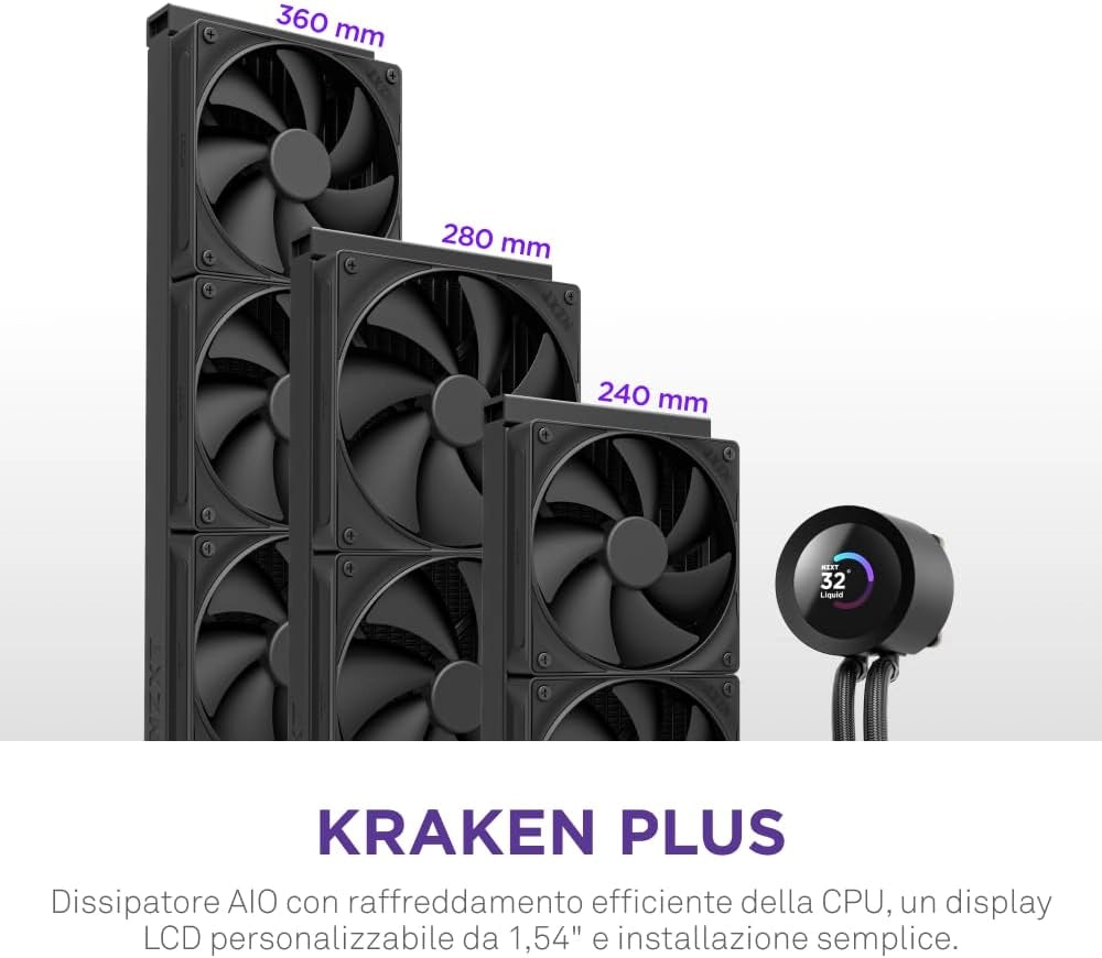 Kraken Plus 280 - Raffreddamento a liquido CPU AIO 280 mm - 2 ventole F140P - Display LCD quadrato da 1,54" personalizzabile - AMD® AM5/AM4 - Intel® LGA 1851/1700/1200/115X - Nero