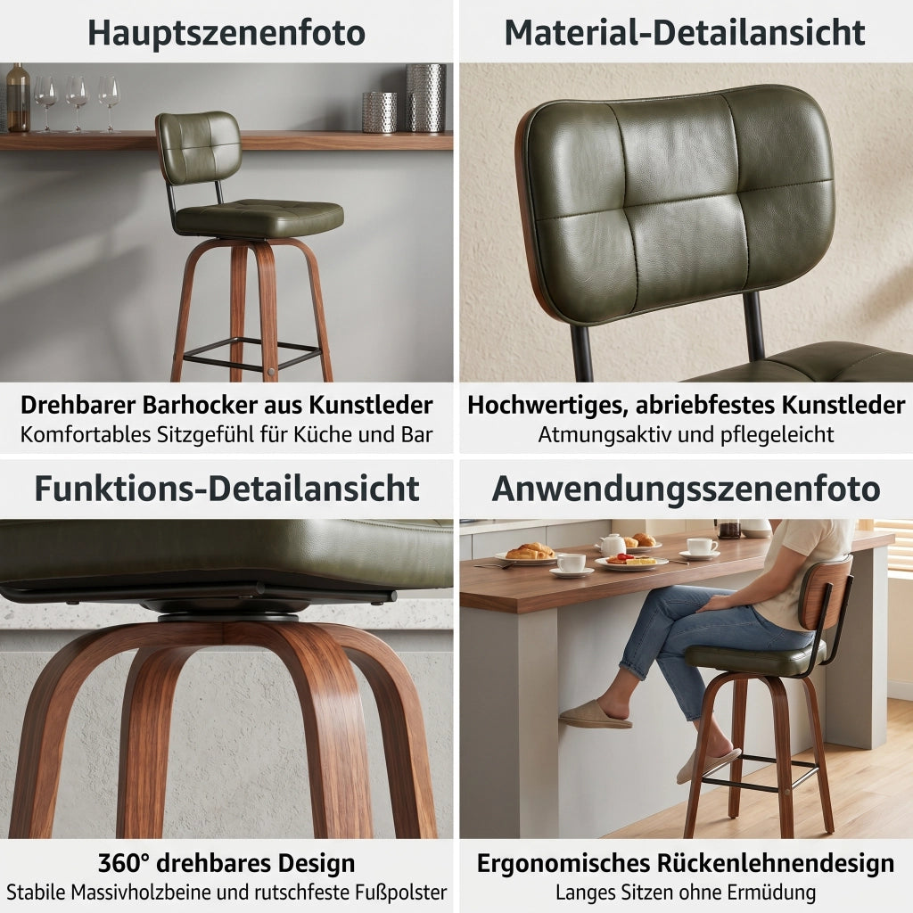 Sgabello da bar girevole con schienale ergonomico e rivestimento in PU, struttura in metallo e legno verde