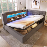 Letto Imbottito Contenitore 140x190 con LED ¨C MINIMAL ¨C Grigio, Tessuto Lino, Testiera, Doghe, Idraulico