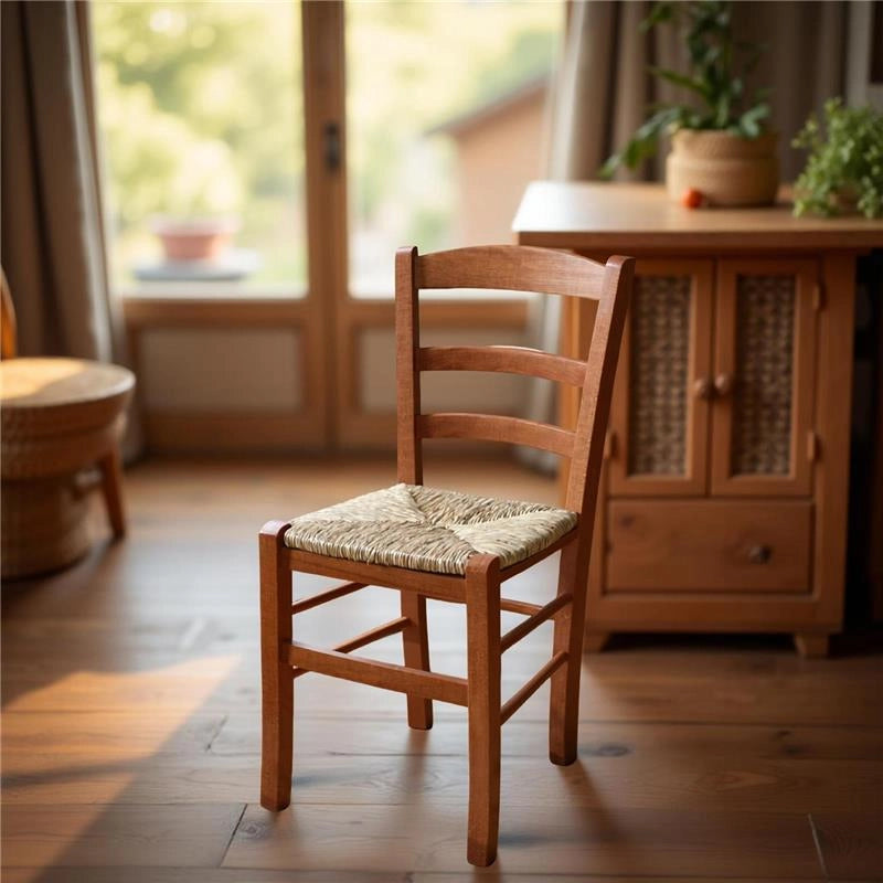 SEDIA IN LEGNO COLORE CILIEGIO 45×45×88 CM MODELLO PAESANA CON SEDUTA IN PAGLIA GREZZA E SCHIENALE ALTO - 4PZ