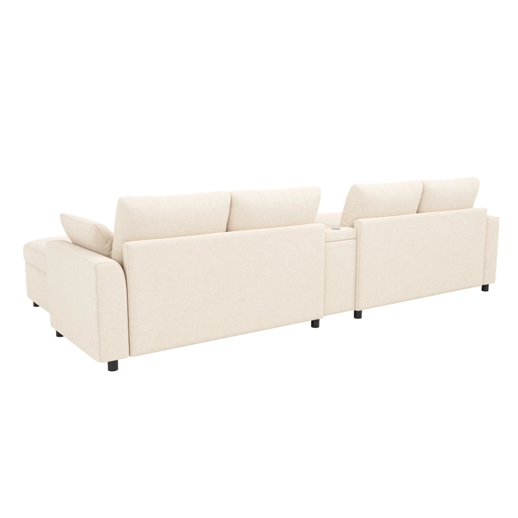 Divano angolare modulare 6 posti - con consolle e contenitore - in ciniglia - beige