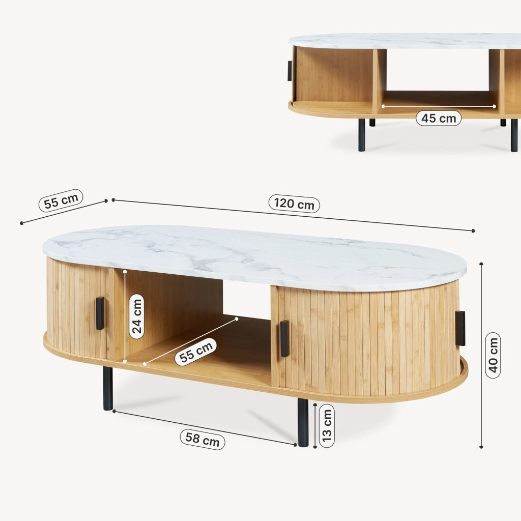 Tavolino Tvedestrand da Salotto con 2 Ante Scorrevoli in Bambù 120 x 55 x 40 cm - Effetto Marmo Bianco / Naturale [en.casa]