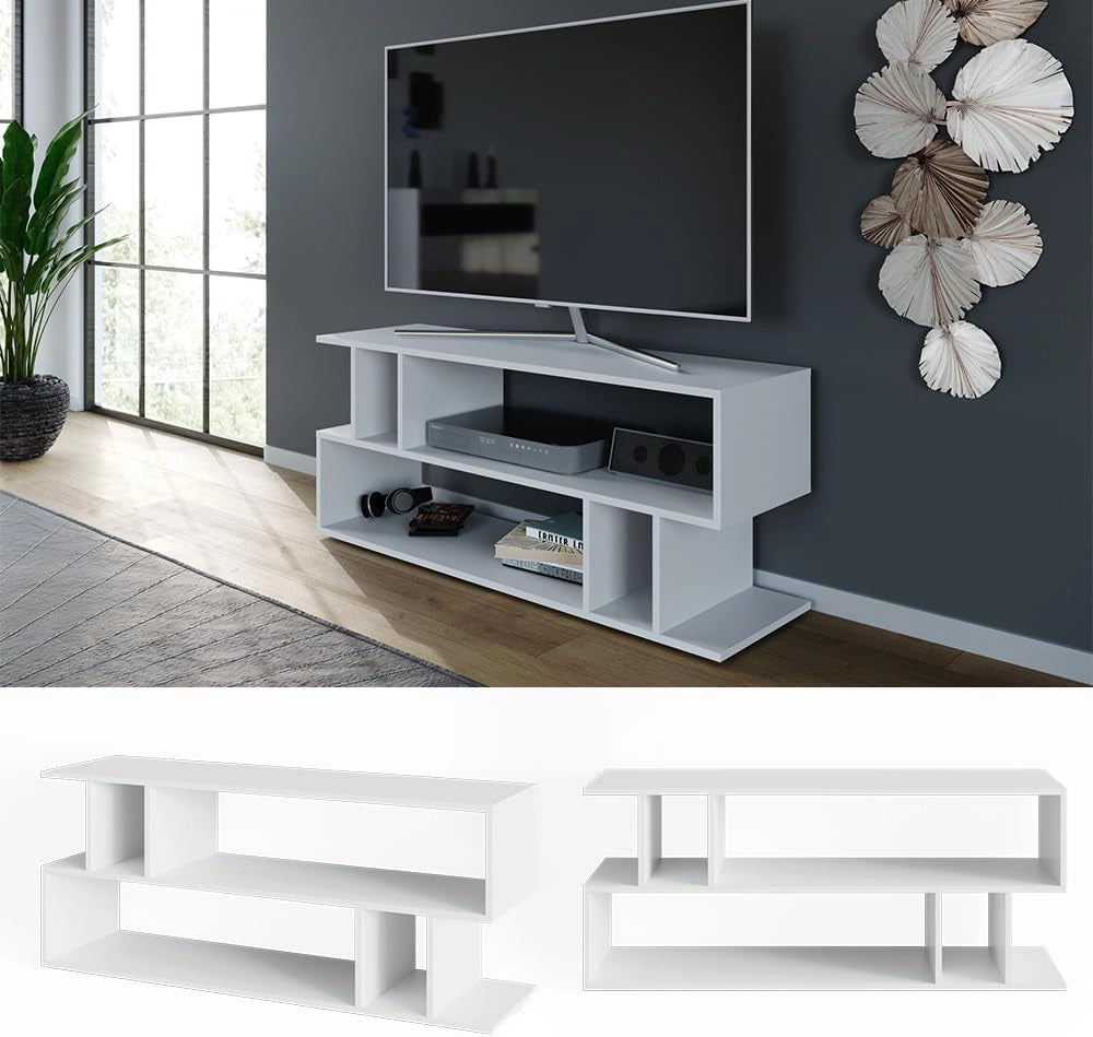 Mobile tv Karel, Bianco, 120 x 50.6 cm, adatto come supporto TV con ripiani aperti