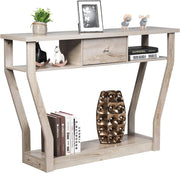 Tavolo Consolle Legno, a 3 Ripiani, Stretto e Compatto, Cassetto con Manico, Console per Soggiorno, Salotto, Ingresso, Portata di 60 kg, 120x30x81cm, 3 Colori (Grigio)