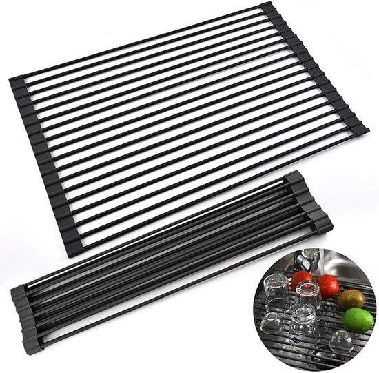Afdruiprek Oprolbaar - 52 x 33 Cm - Afdruiprek - Afwasrek - Oprolbaar Vaat Droogrek - Oprolbaar Silicone Vaat Droogrek - Hittebestendig Afwasrek - Afdruipmat - Keukenrek 3-in-1 - Nero