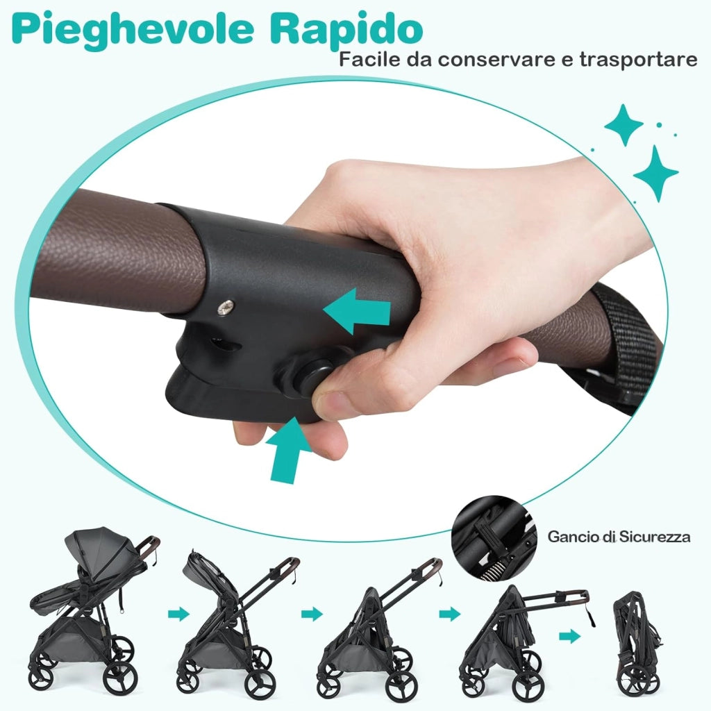 2 in 1 Passeggino Leggero Pieghevole per Bambini, con Schienale Regolabile, Sedile Reversibile, Tettuccio, Cestello Portaoeggetti, per Neonati per 0-36 Mesi (Grigio)