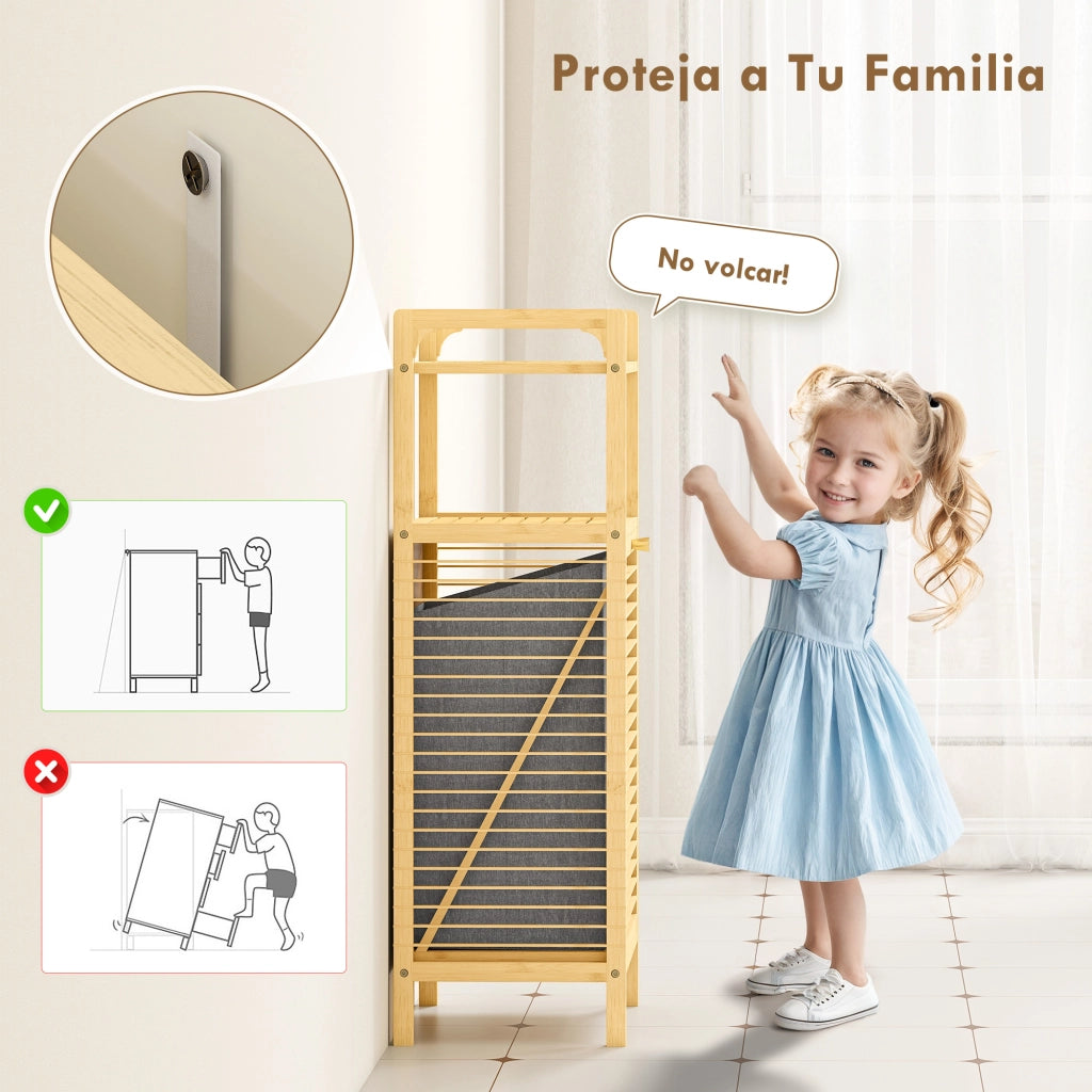 Armadietto Bagno Stretto Bambu con Ripiani e Cestello Estraibile ¨C zephmum ¨C 40x30x95 cm Naturale
