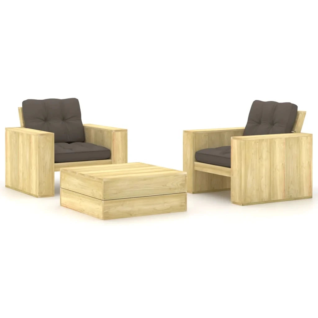 Set di mobili da giardino per esterni 3 pezzi con cuscini in legno di pino impregnato 02_0015929