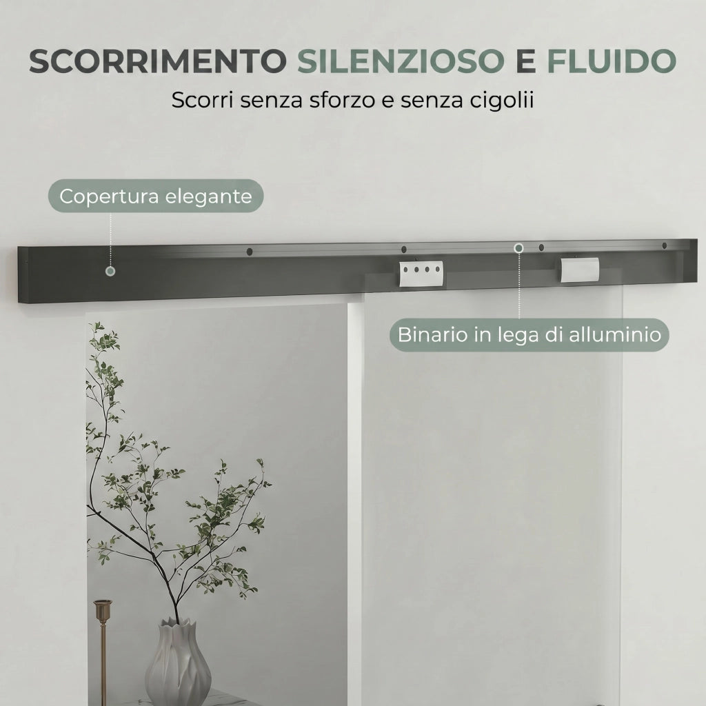 Porta Scorrevole 77,5x205 cm con Binario Silenzioso e Guida in Vetro Temperato Sabbiato Trasparente