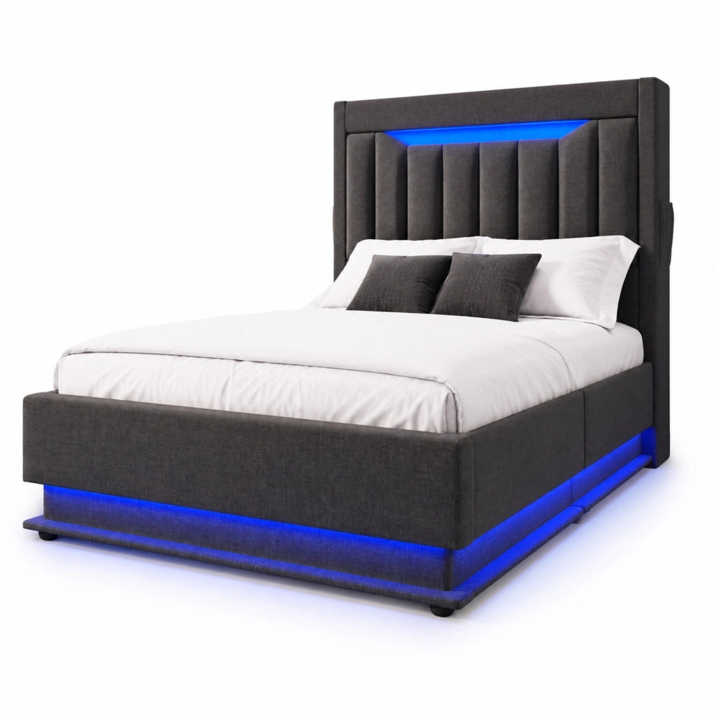 Letto singolo imbottito 90x200 cm con LED, testiera con ricarica USB e Type-C, grigio