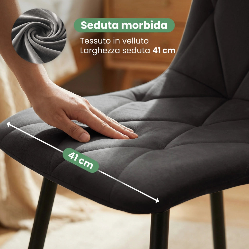 Set di 8 Sedie in velluto trapuntate MILO Grafite Scuro gambe nere